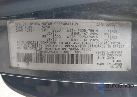 1998 Toyota 4Runner Sr5 V6 from USA, damaged, VIN JT3HN86R5W0171882